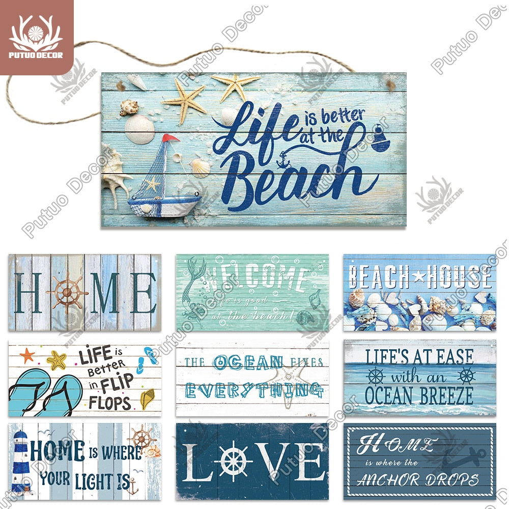 Putuo Decor Beach Home Signs Wood Wall Plaque Wooden Signs Welcome Decor Hanging Plate for Beach House Home Bedroom Tent Decor