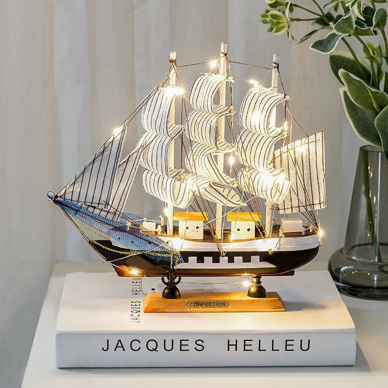 Sailboat Model with Light Wooden Creative Decor Art Crafts Abstract Sculpture Home Office Desktop Decoration Ornament Gift