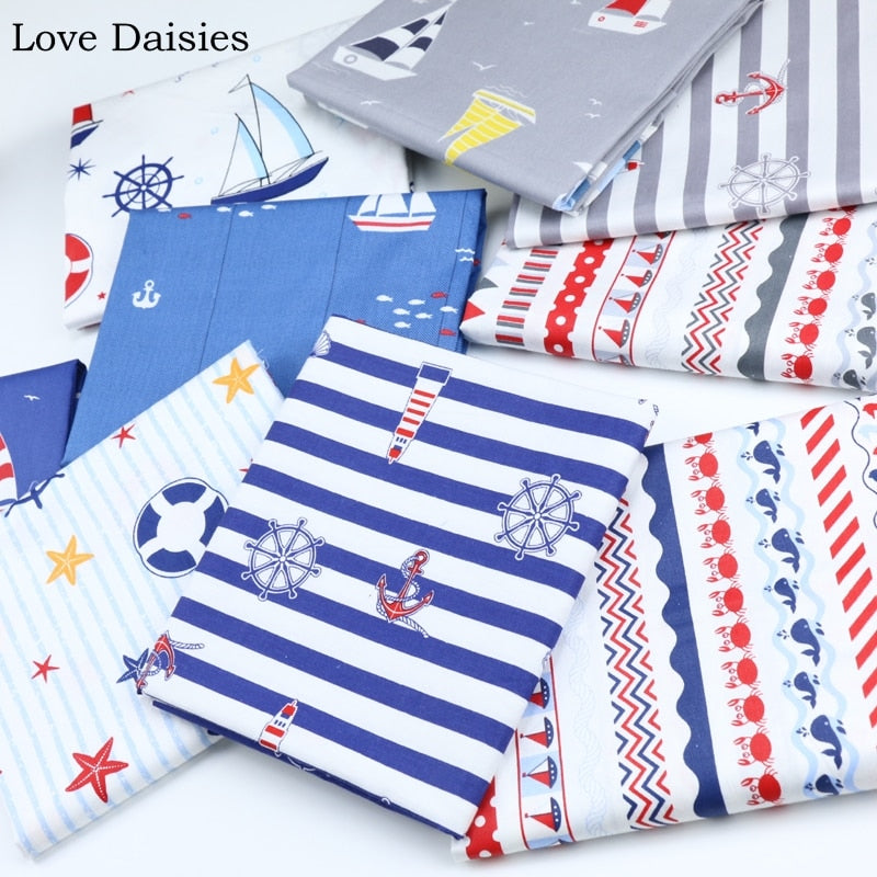 100% Cotton Twill Fabric Marine Style BLUE GRAY WHITE Sailboat Anchor Lighthouse Seahorse Stripe for Kids Bedding Sheet Apparel