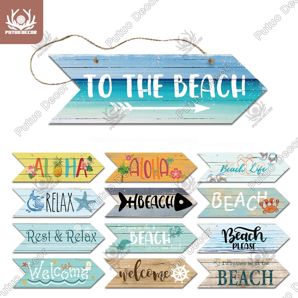 Putuo Decor Beach Arrow Wooden Wall Plaque Sign Beach Seaside Road Guide Wall Decoration Indicator Hanging Beach House Deocr