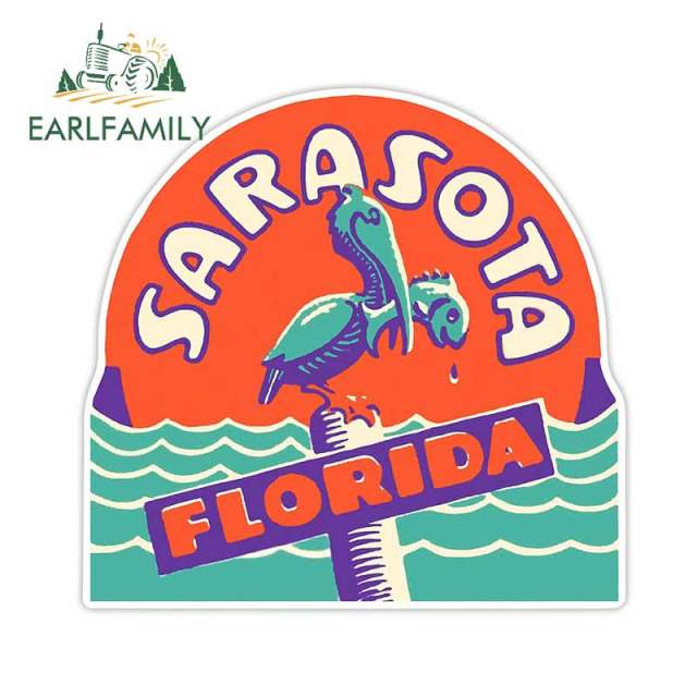 EARLFAMILY 13cm x 9.8cm for Sarasota Florida Vintage Travel Car Stickers Personality VAN Anime Decal Bumper Laptop Car Styling