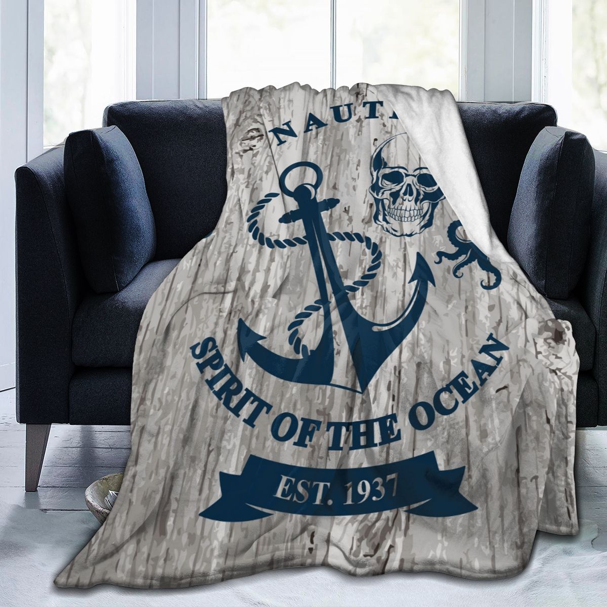 Flannel Blanket Nautical Marine Badge Skull Ultra-Soft Micro Fleece Blanket for Bathrobe Sofa Bed Travel Home Winter Spring Fall