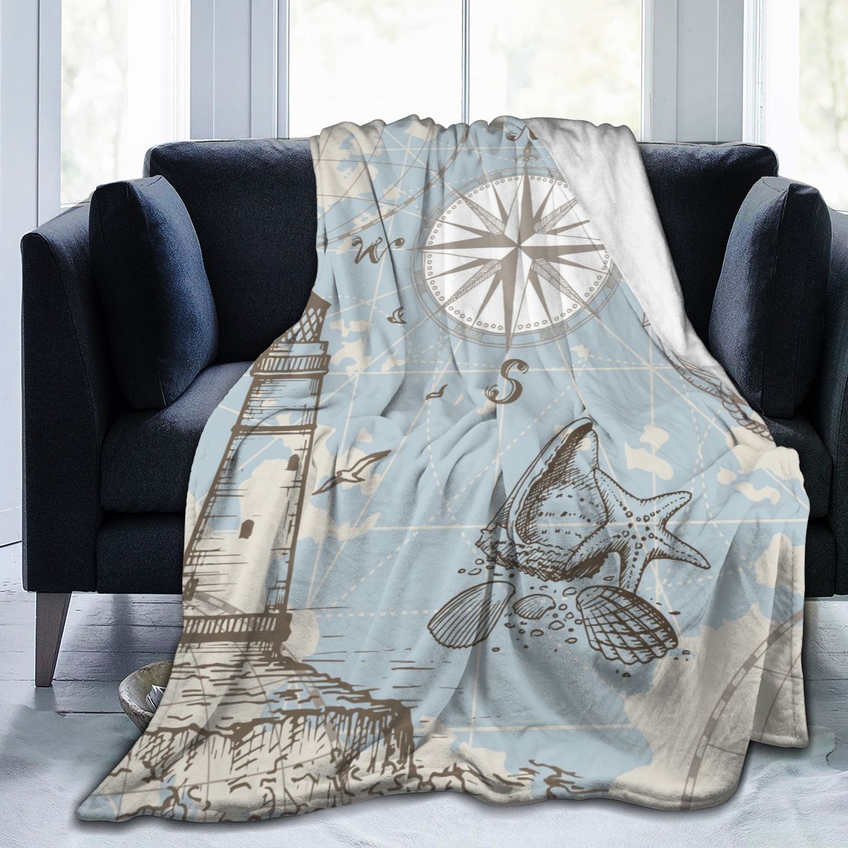 Blanket to Family Friends Nautical Map Compass Lighthouse Anchor Seashells Durable Super Soft Comfortable for Home Gift Blanket