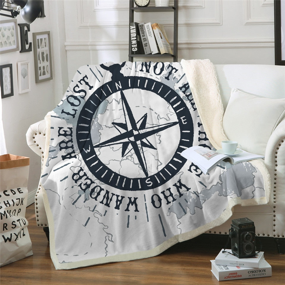 Compass Sherpa Throw Blanket Nautical Map Cool Bedspread Navy Blue and White Velvet Plush Bed Sofa Blanket 2 Sizes